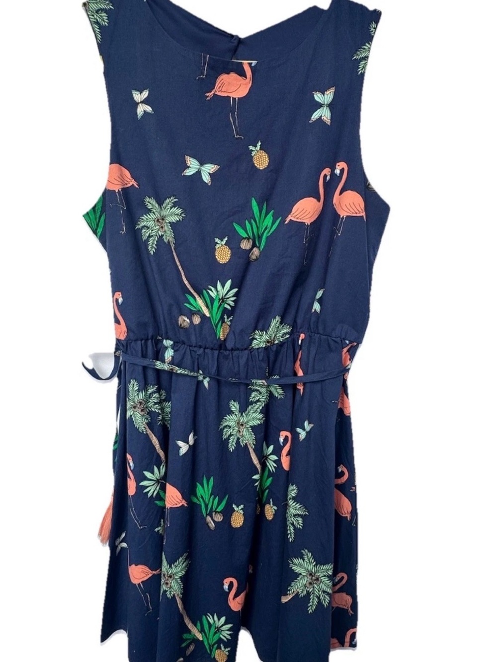 No Brand Cotton Navy Midi Summer Dress with Tropical Print Tie Waist tassels